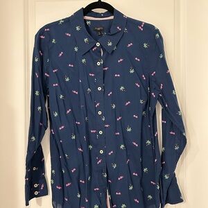 Talbots Blue Shirt with Pink and Green Palm Tree Print